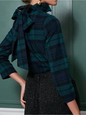 TUCKERNUCK Blackwatch Plaid Faye Blouse, Navy & Dark Green, Womens size XS